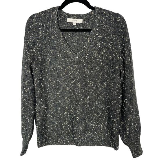 LOFT Small S Gray Green Gold Shimmer Stitch V Neck Sweater Blouson Sleeves Knit - Picture 1 of 7